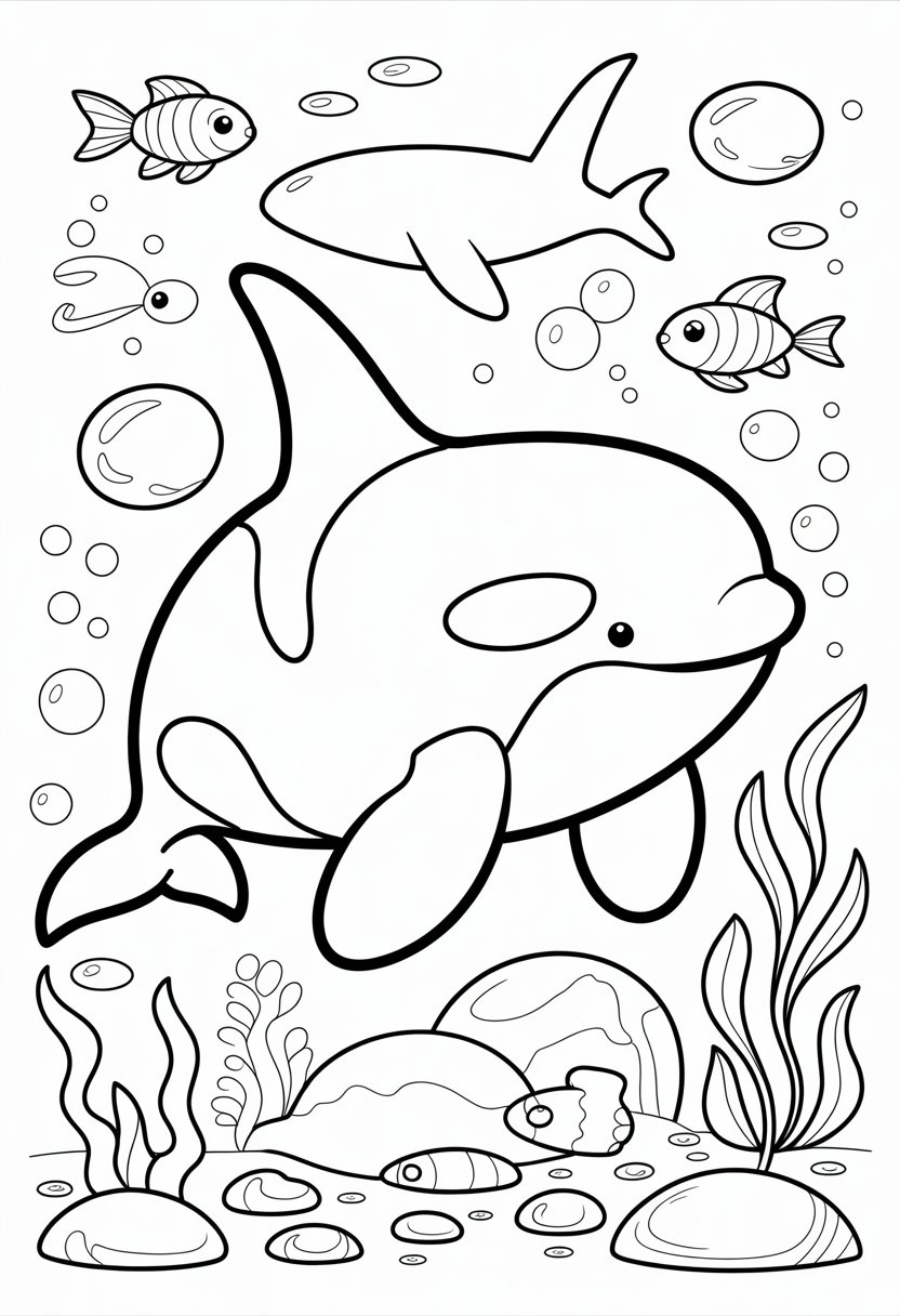 Whale Coloring Pages For Kids | 11 Fun and Educational Designs 5 An orca whale swimming underwater surrounded by bubbles, seaweed, rocks, and small fish.